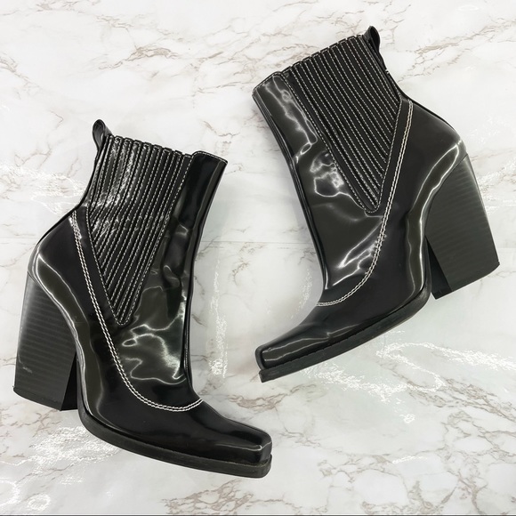 Zara Topstitched Black Patent Leather Western Boots Heeled Square Toe Slip On 5 - Picture 2 of 8